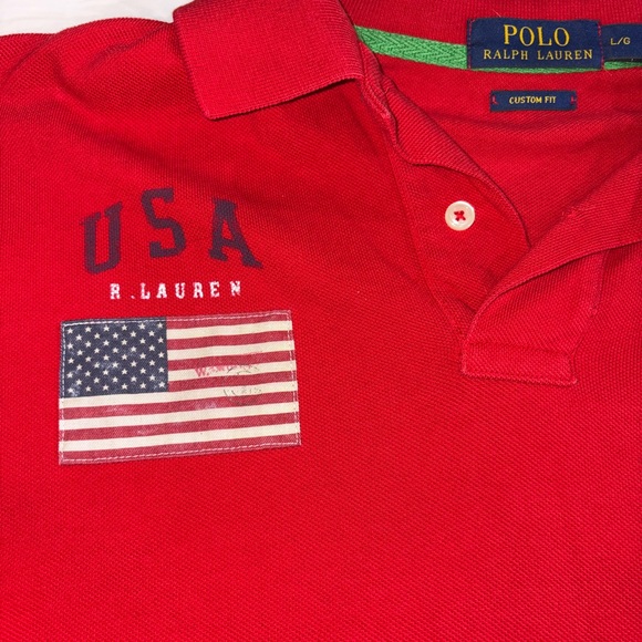 Ralph Lauren Red Polo Shirt with large Blue Logo American flag - Picture 6 of 8